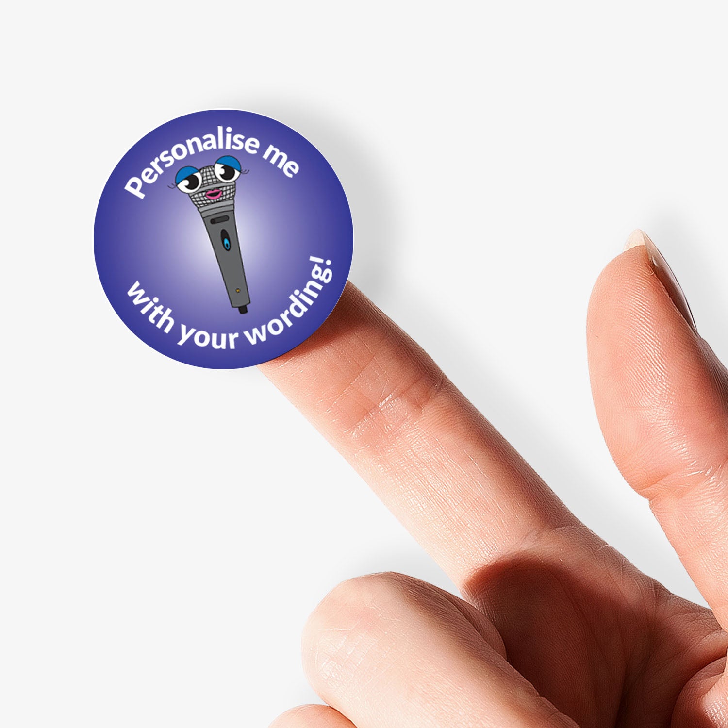 Purple sticker on a finger with a smiling microphone as a central image.  'Personalise me with your wording!' 