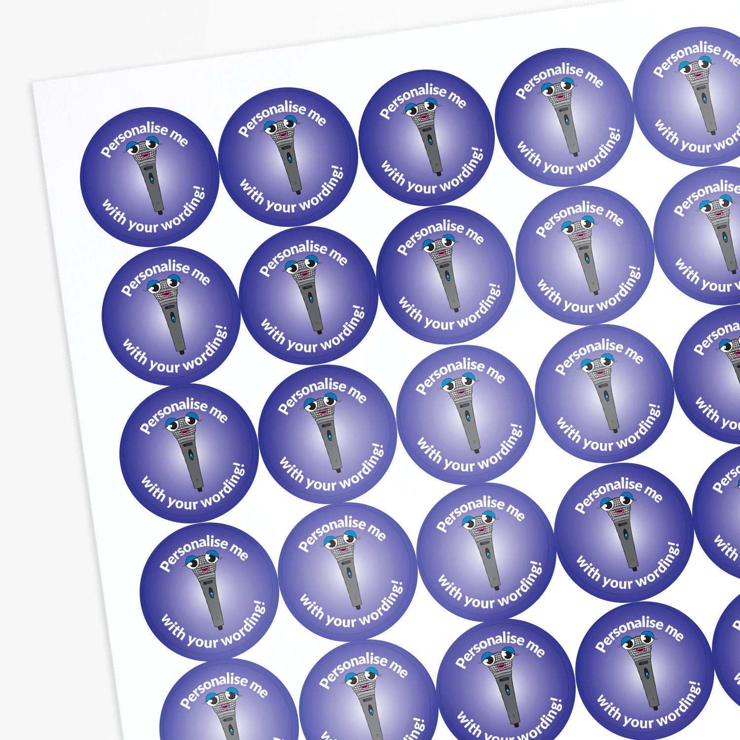 Purple stickers with a smiling microphone as a central image.  'Personalise me with your wording!' surrounds the image.