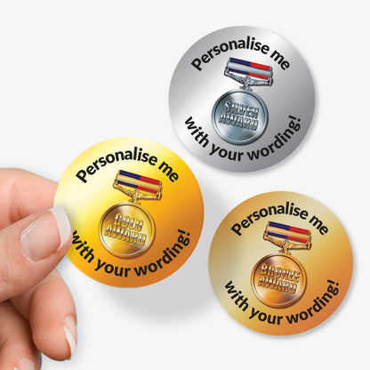 70 Personalised Gold, Silver or Bronze Award Medal Stickers - 25mm