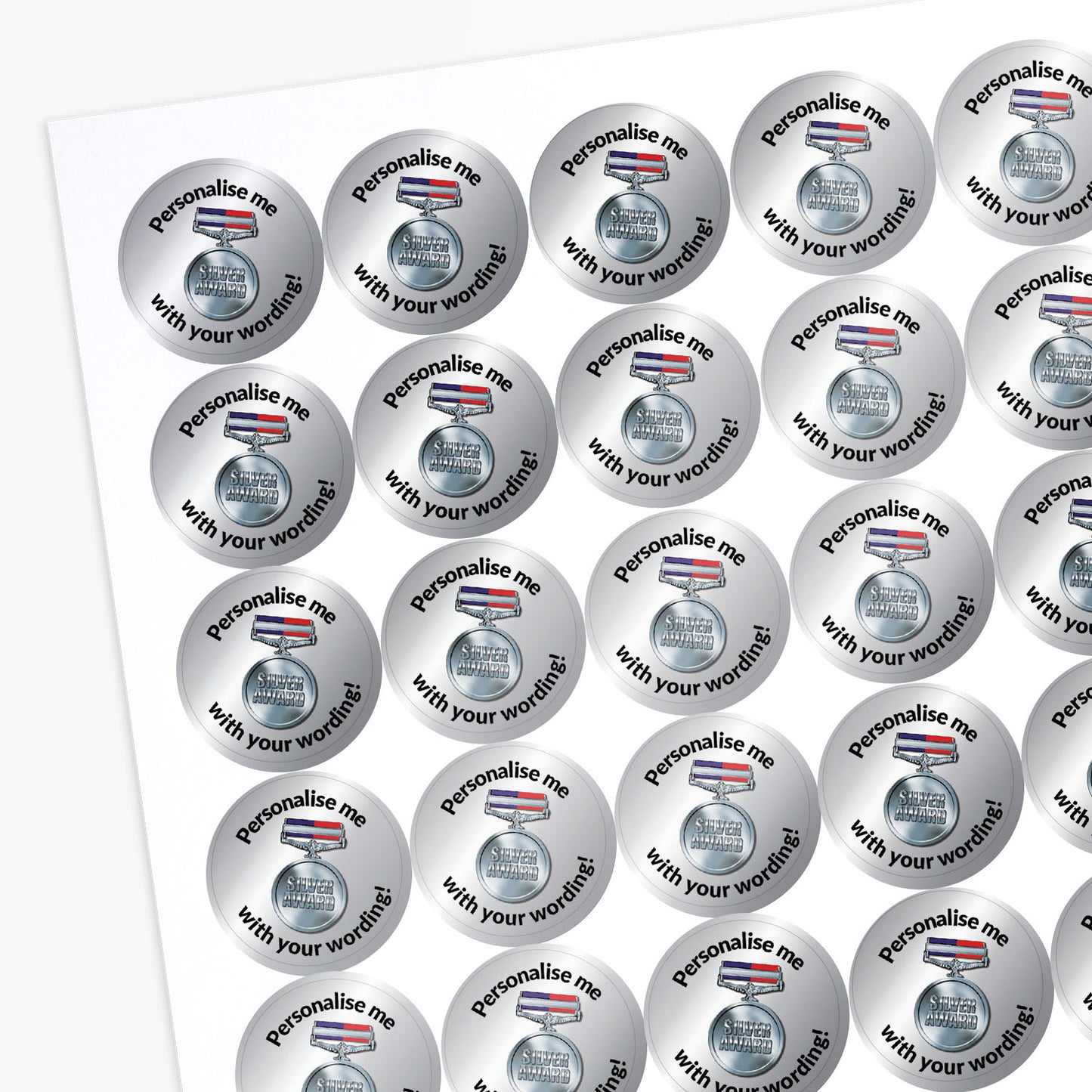 Silver stickers with a Silver Award Medal as a central image.  'Personalise me with your wording!' surrounds the image.