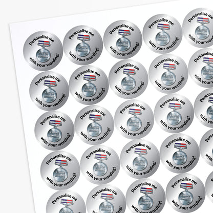 Silver stickers with a Silver Award Medal as a central image.  'Personalise me with your wording!' surrounds the image.