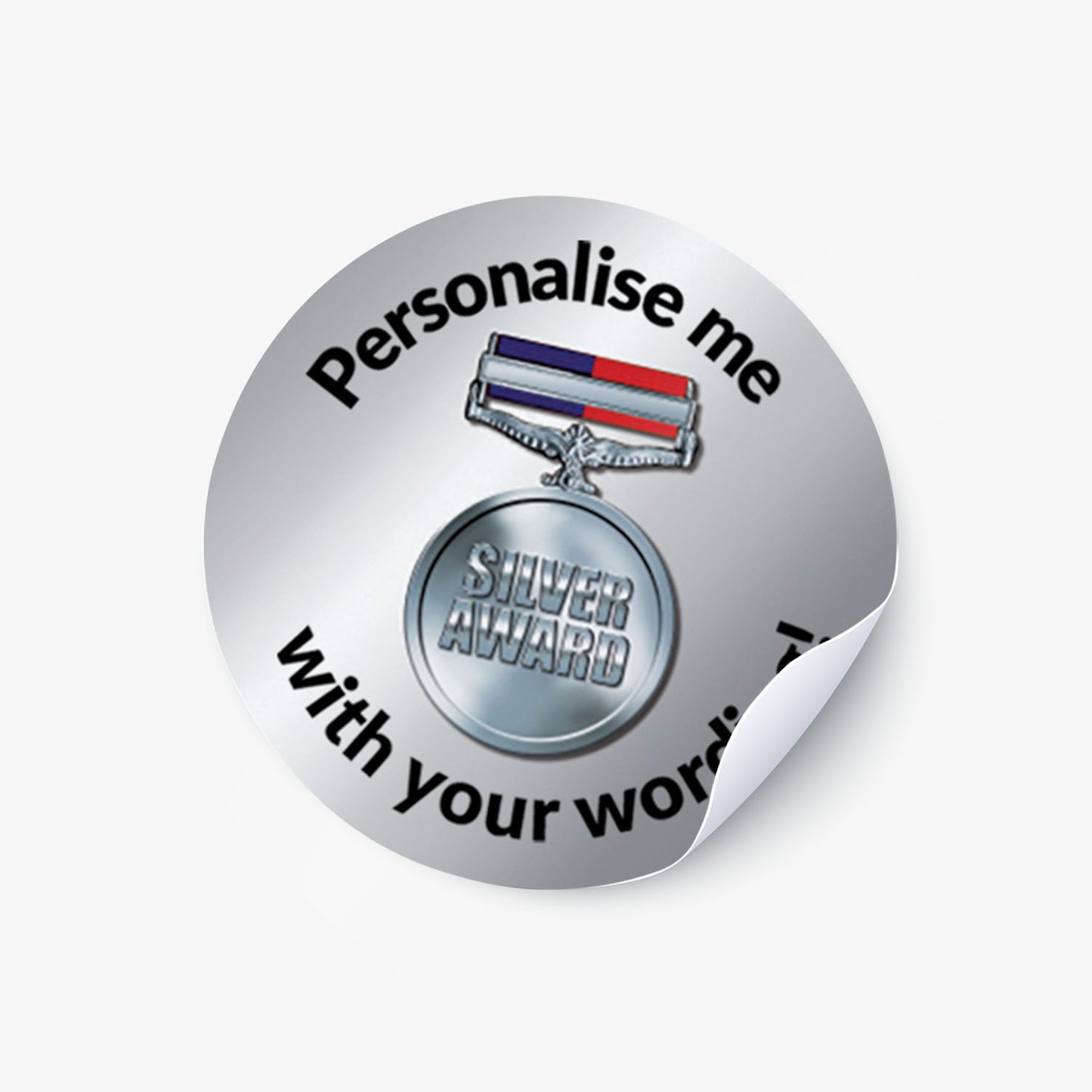 Silver award sticker with text 'Personalise me with your words' on a white background