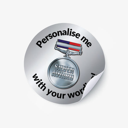 Silver award sticker with text 'Personalise me with your words' on a white background