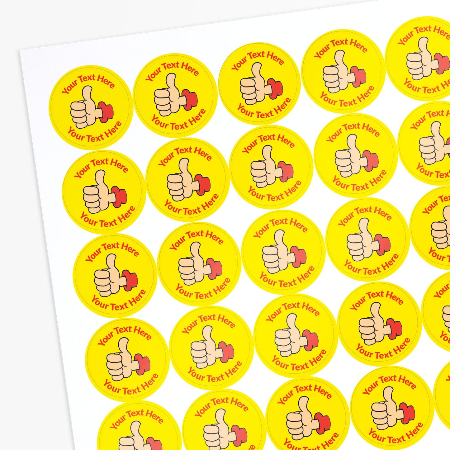 Sheet of yellow stickers with red and pink thumbs-up icons and customisable text.