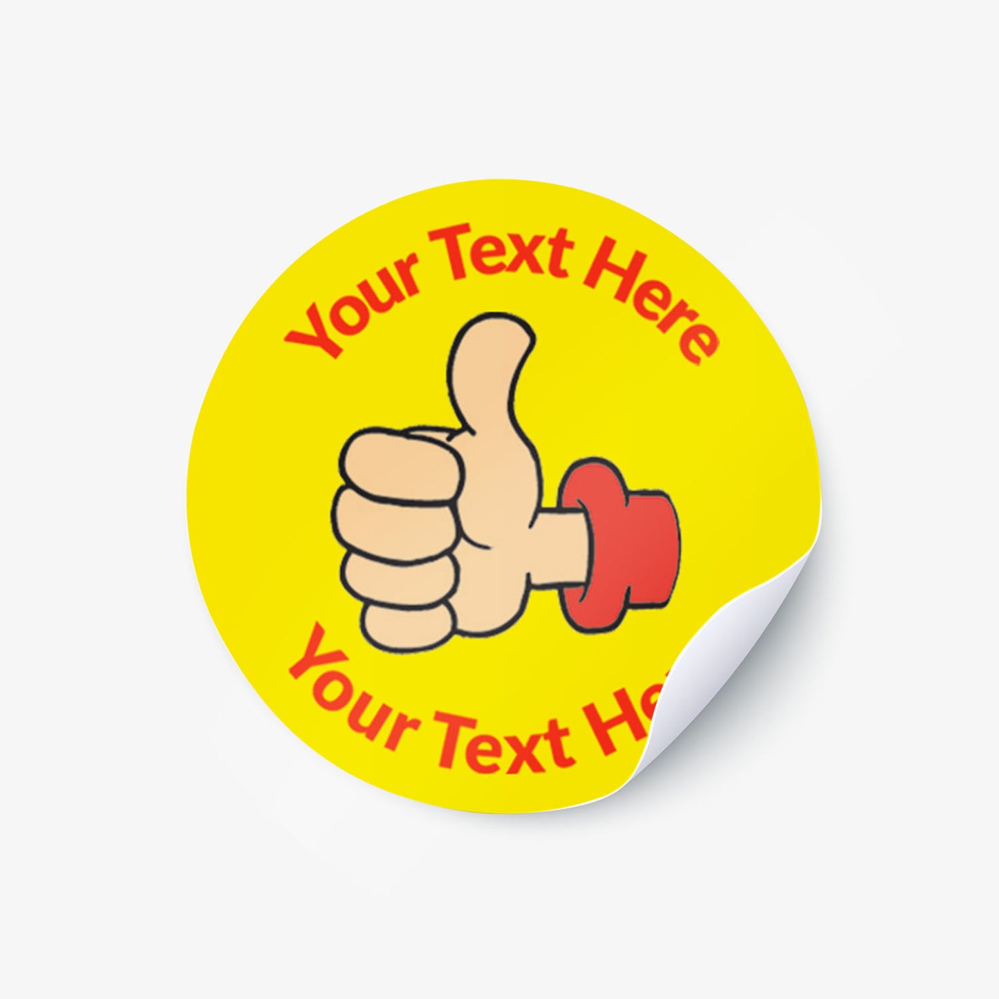 Yellow  sticker with a thumbs up as a central image.  'Your Text Here' is above and below the image