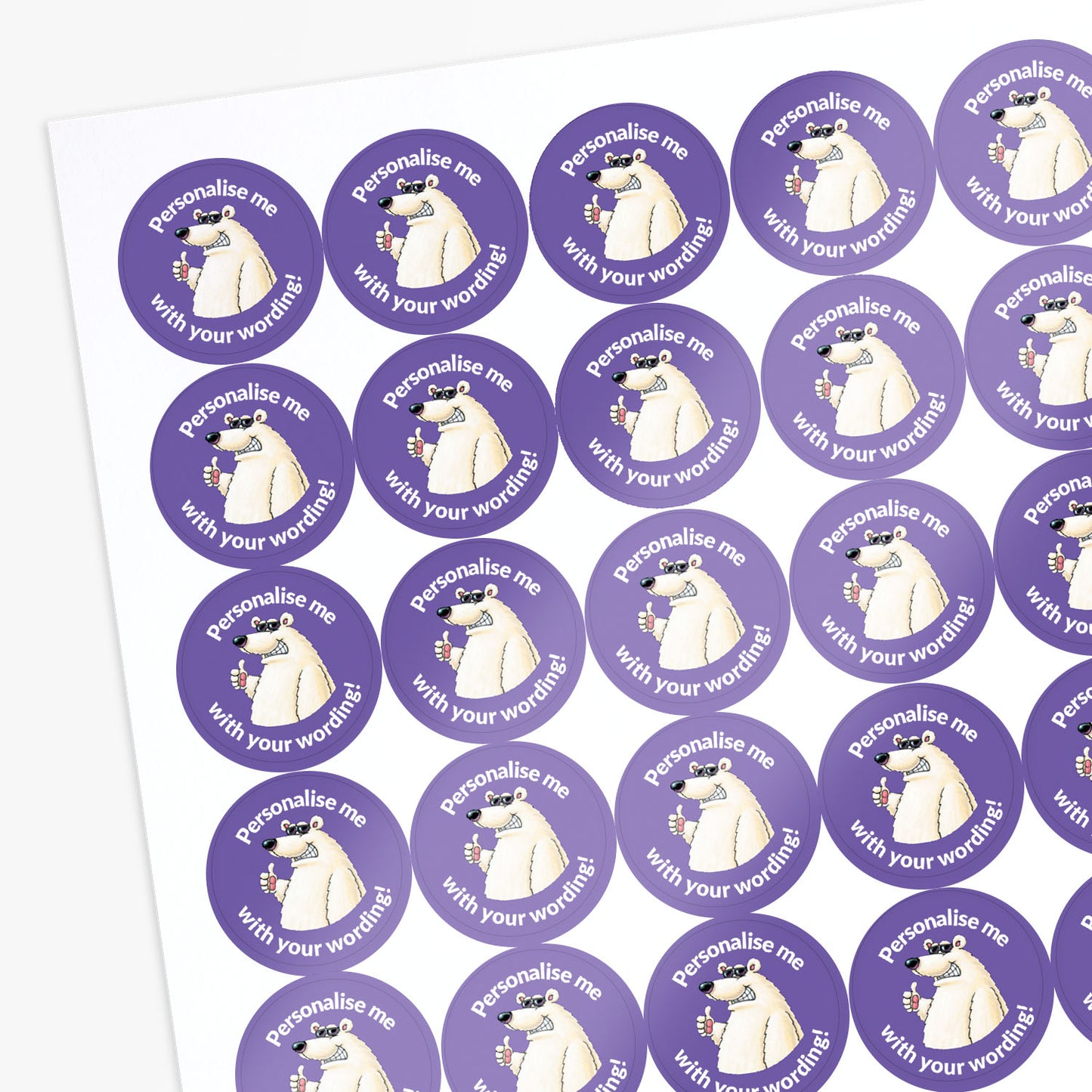 Sheet of purple stickers with polar bear graphics and text on a white background