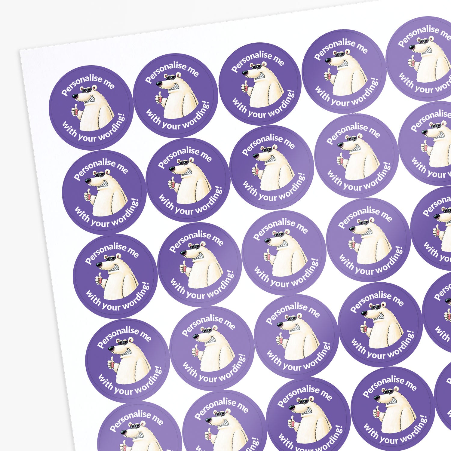 Sheet of purple stickers with polar bear graphics and text on a white background