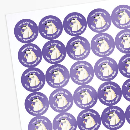 Sheet of purple stickers with polar bear graphics and text on a white background