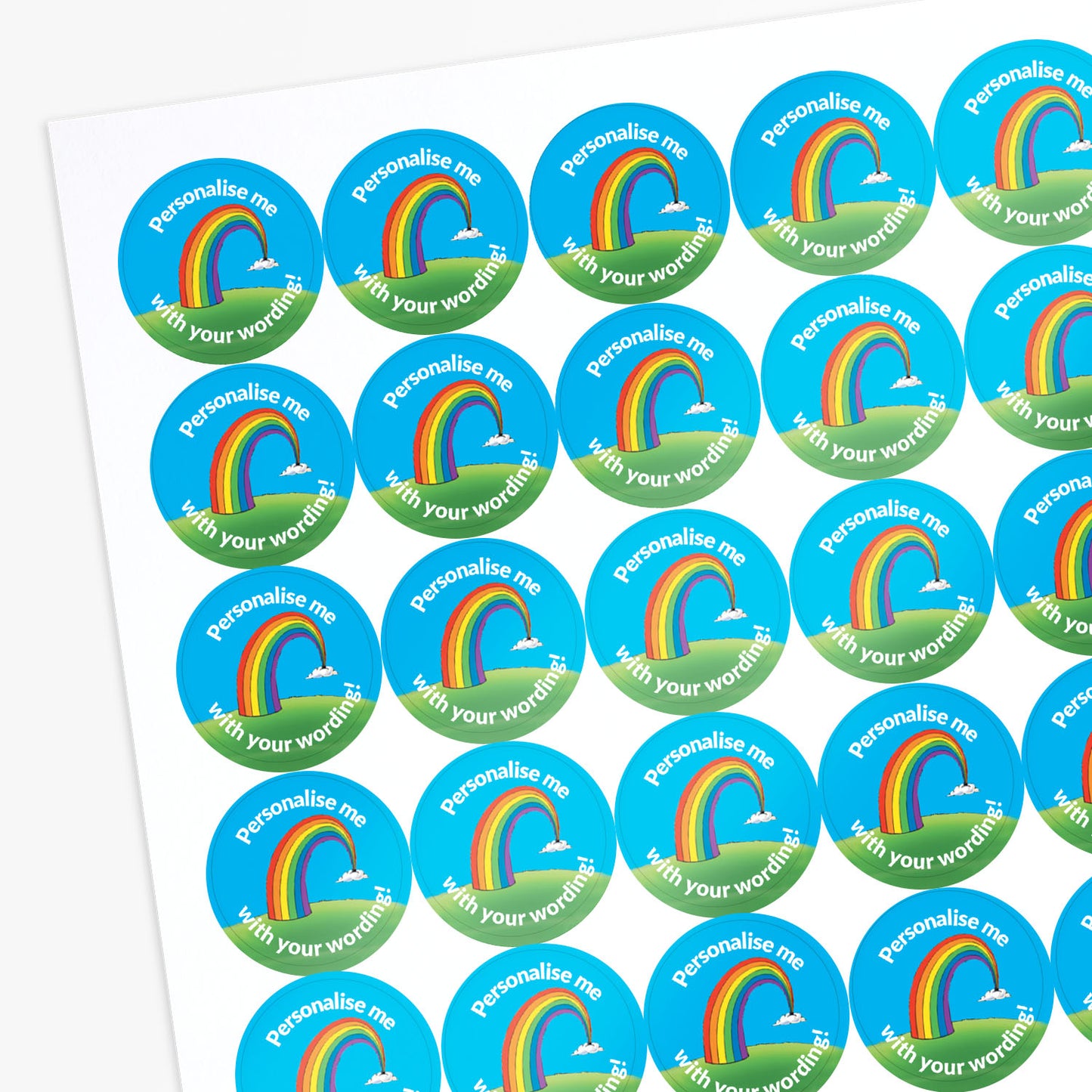 Stickers with a rainbow  as a central image.  'Personalise me with your wording!' surrounds the image.