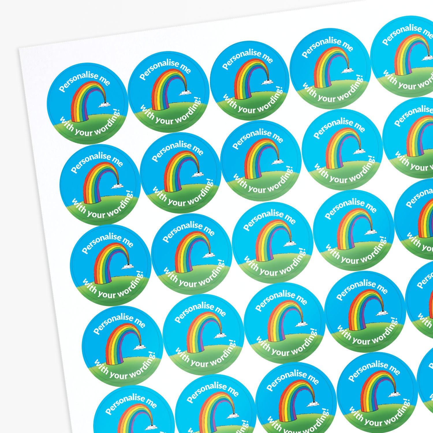 Stickers with a rainbow  as a central image.  'Personalise me with your wording!' surrounds the image.