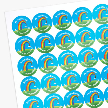 Stickers with a rainbow  as a central image.  'Personalise me with your wording!' surrounds the image.