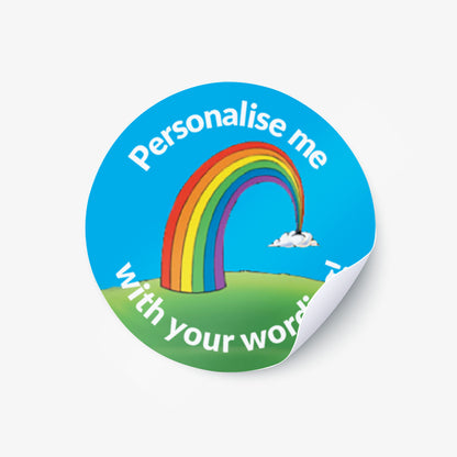 Sticker with a rainbow  as a central image.  'Personalise me with your wording!' surrounds the image.