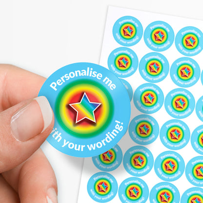 Aqua stickers with a rainbow coloured star as a central image.  'Personalise me with your wording!' surrounds the image.