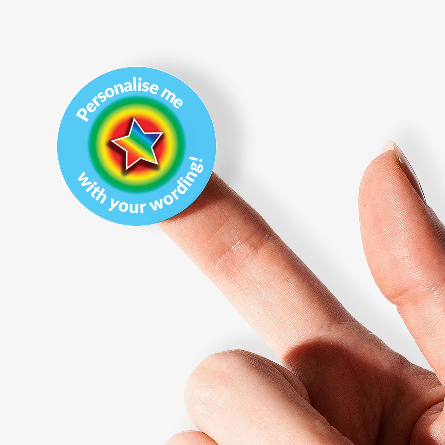 Aqua sticker on a finger with a rainbow coloured star as a central image.  'Personalise me with your wording!' surrounds the image.