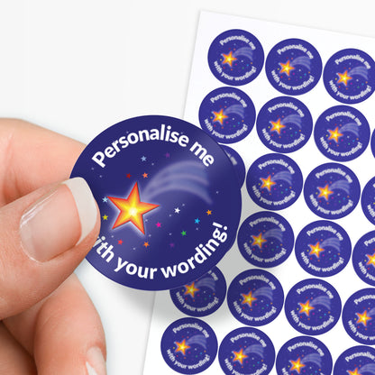 Purple stickers with a shooting star as a central image.  'Personalise me with your wording!' surrounds the image.