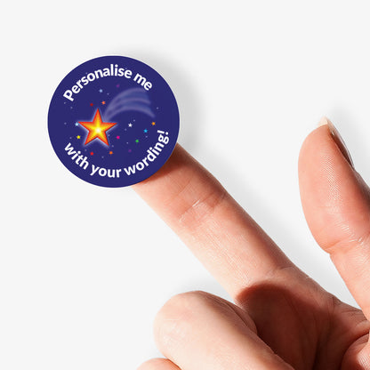 Purple sticker on a finger with a shooting star as a central image.  'Personalise me with your wording!' surrounds the image.