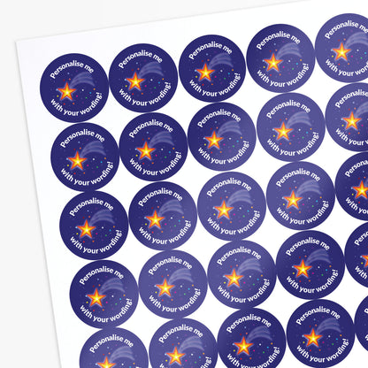 Purple stickers with a shooting star as a central image.  'Personalise me with your wording!' surrounds the image.