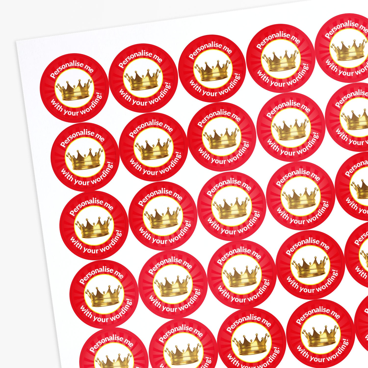 Red stickers with a gold crown on white background as a central image.  'Personalise me with your wording!' surrounds the image.
