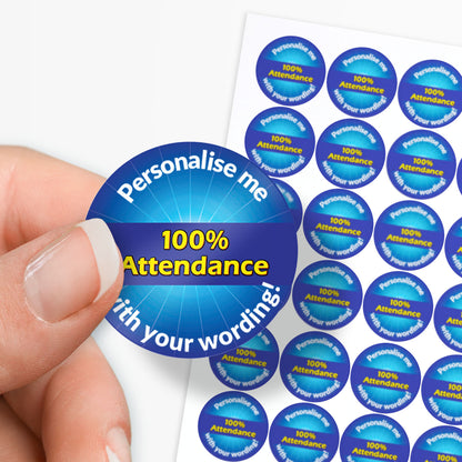 Blue stickers with '100% Attendance' in a starburst as a central image.  'Personalise me with your wording!' surrounds the image.