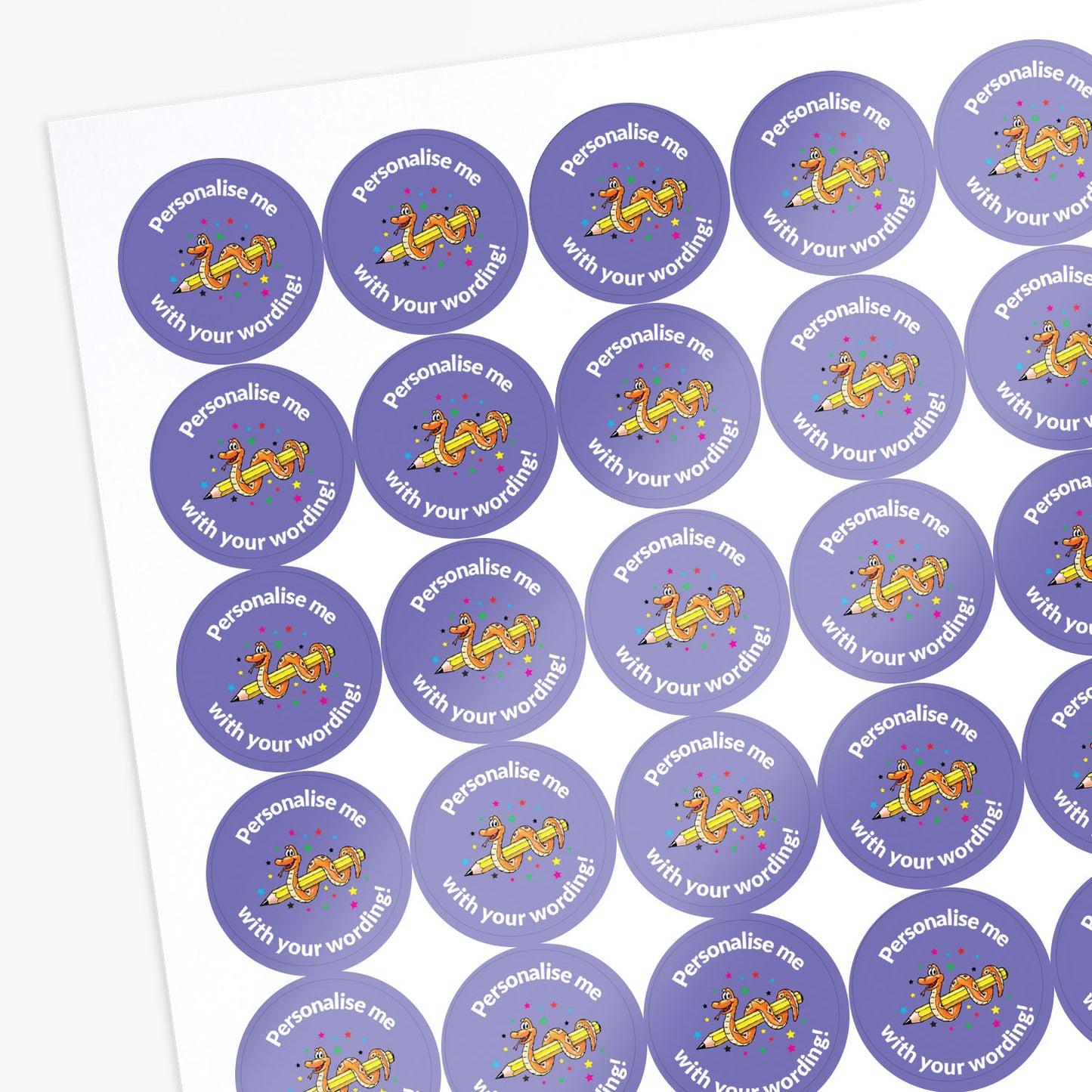 Sheet of purple stickers with cartoon snake and text on a white background