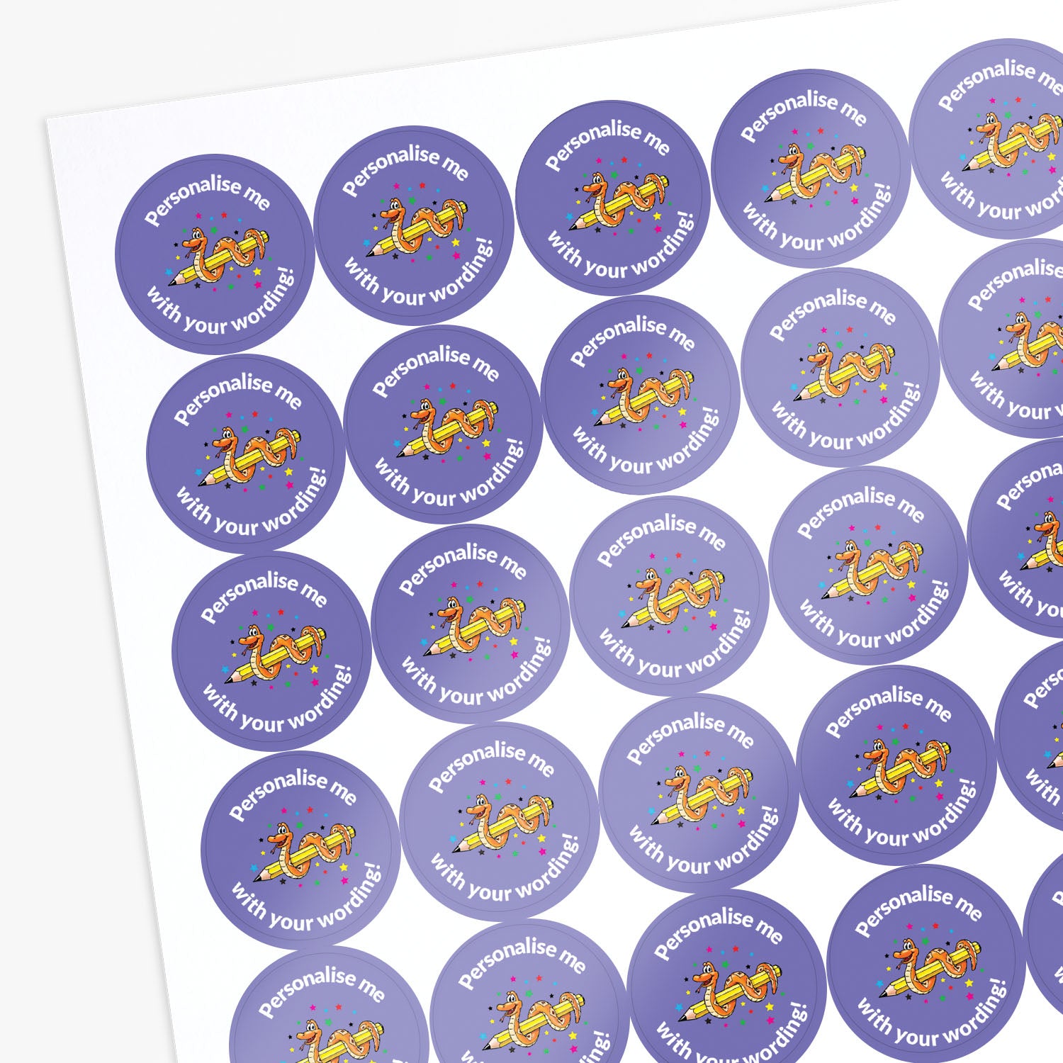 Sheet of purple stickers with cartoon snake and text on a white background