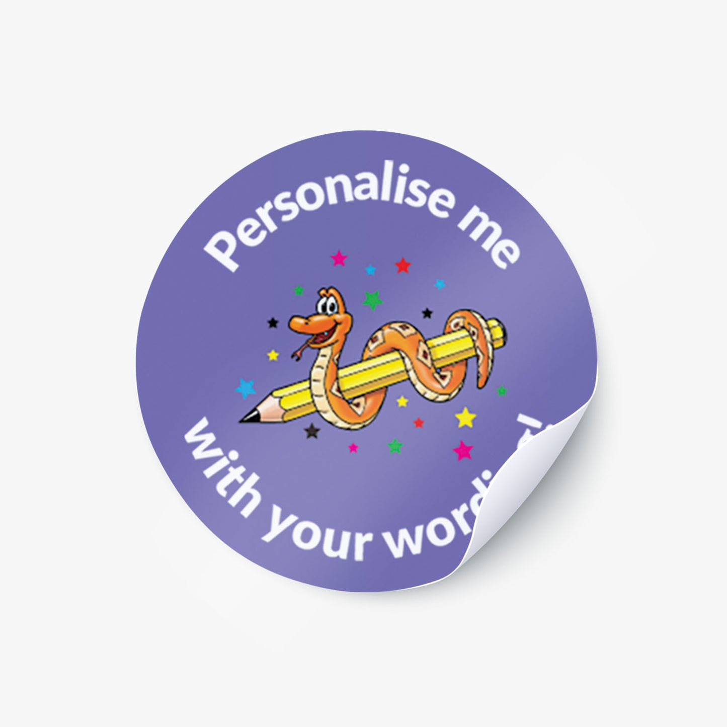 Purple sticker with a smiling snake wrapped around a pencil as a central image.  'Personalise me with your wording!' surrounds the image.
