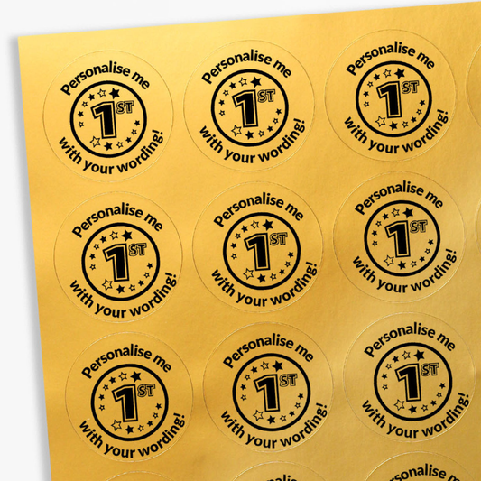 Sheet of round stickers with 'Personalise me 1st' text on a gold background
