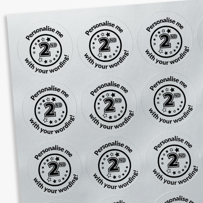 Circular stickers with 'Personalise me 2nd' text on a silver background