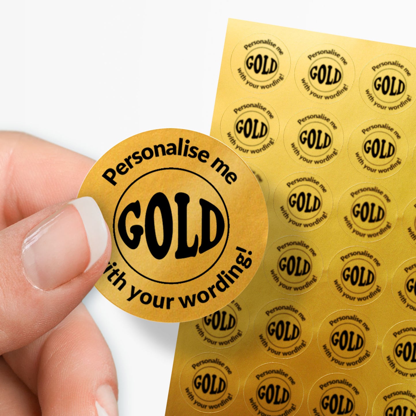 Gold stickers with the word GOLD central surrounded by 'Personalise me with your wording!'