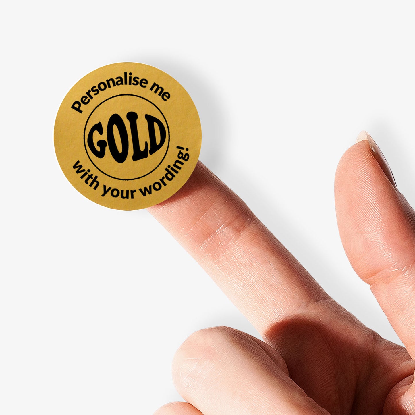 Gold sticker on a finger with the word GOLD central surrounded by 'Personalise me with your wording!'