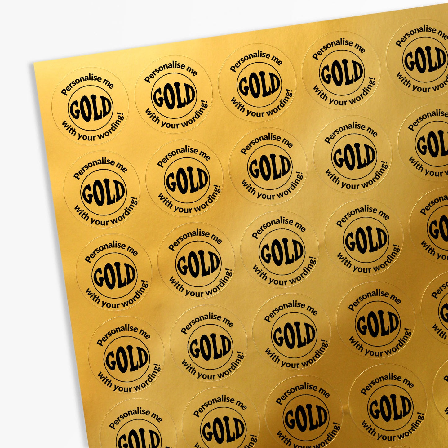 Gold sticker sheet with the word GOLD central surrounded by 'Personalise me with your wording!'