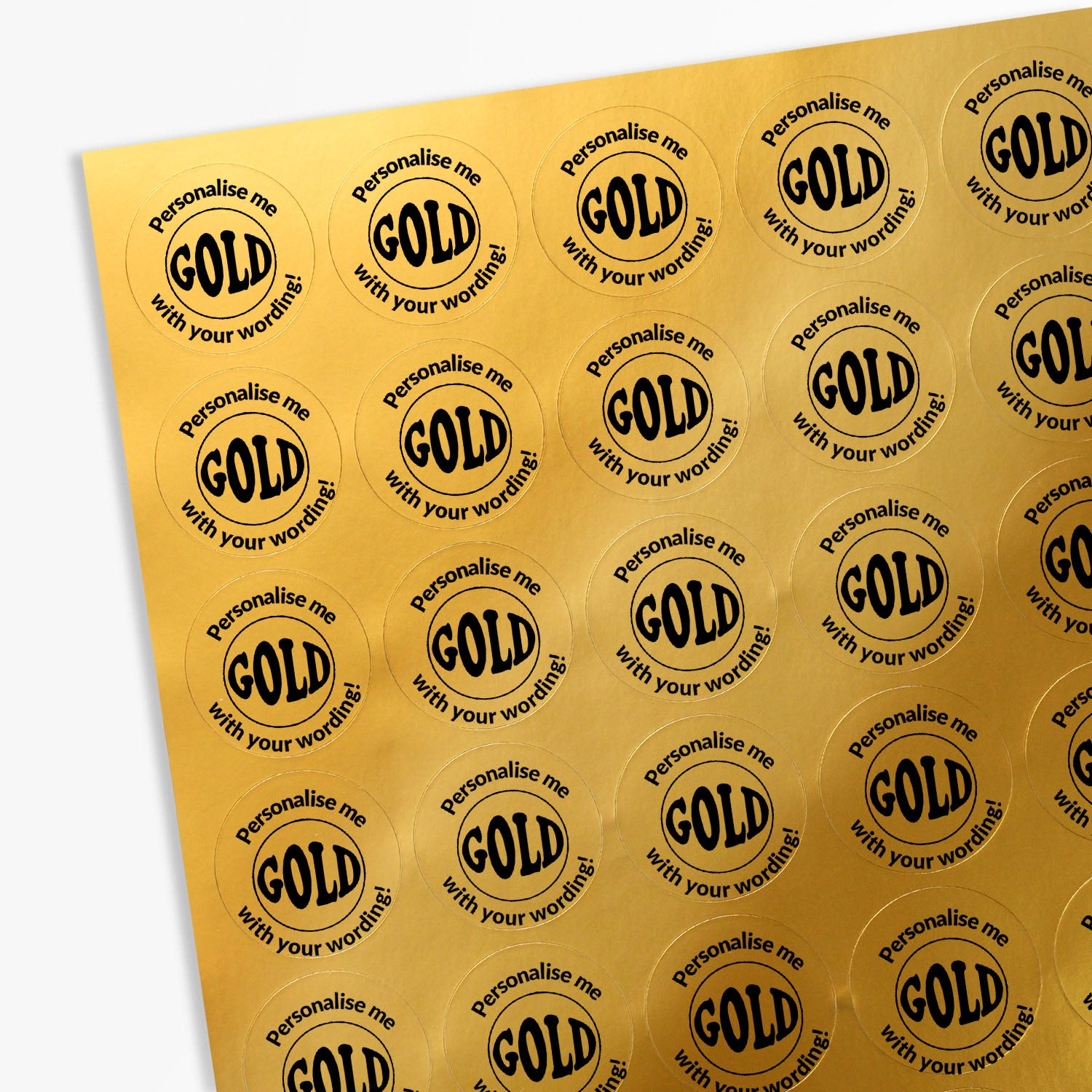 Gold sticker sheet with the word GOLD central surrounded by 'Personalise me with your wording!'