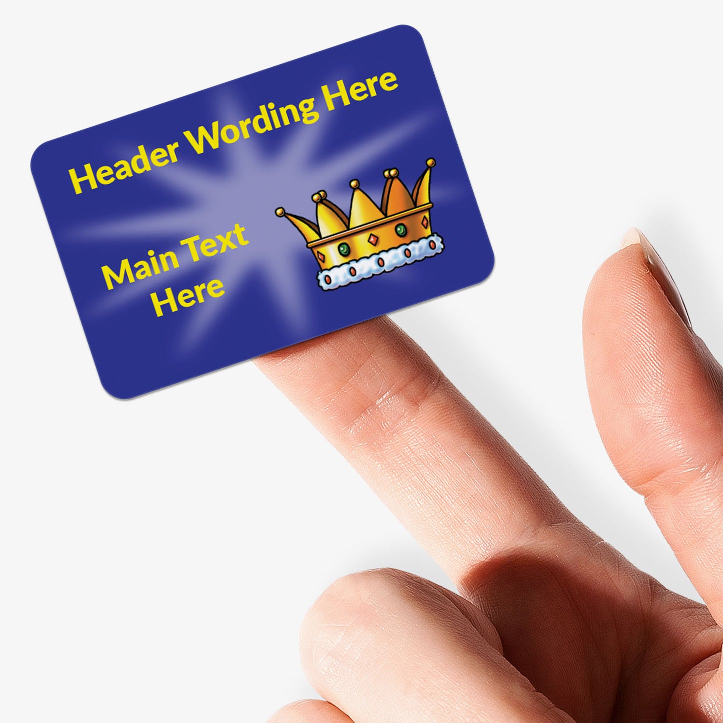 Blue stickers with yellow text and a crown icon held by a hand