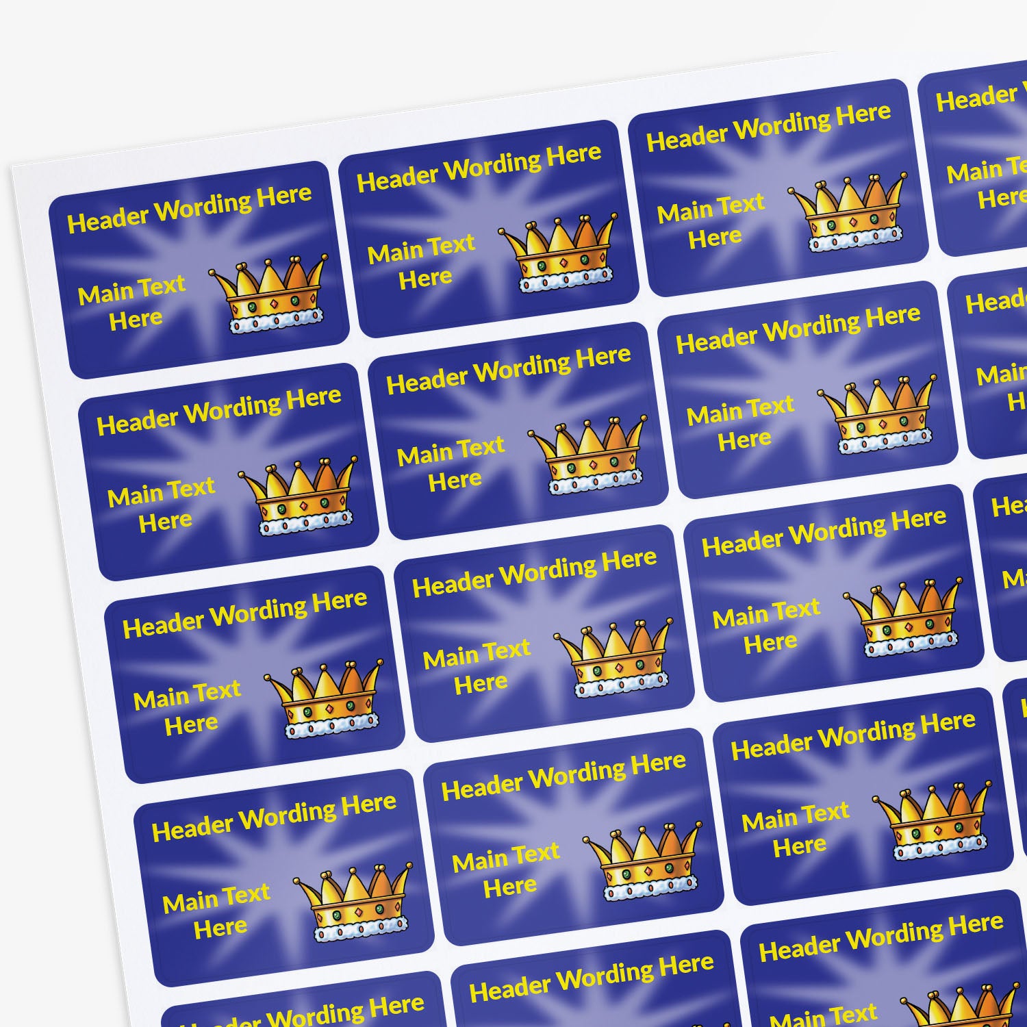 A4 Sheet of Blue stickers with yellow text and a crown icon