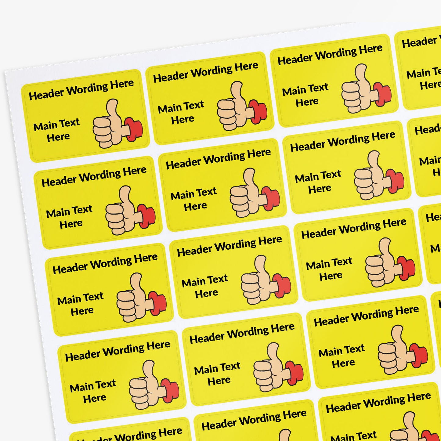 Yellow labels with cartoon thumbs up icons and customisable text on a white background