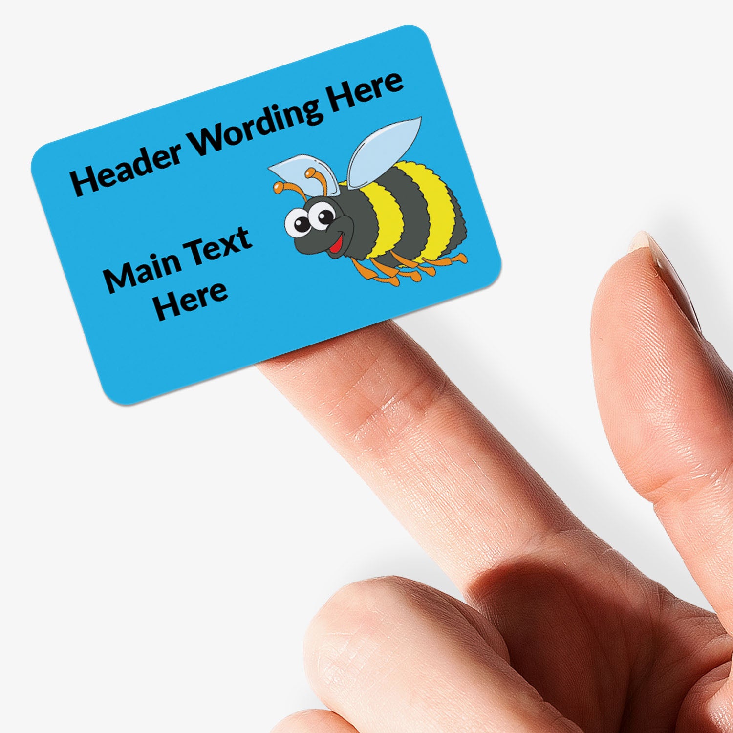 Single rectangle blue sticker with bee decals and text held by finger