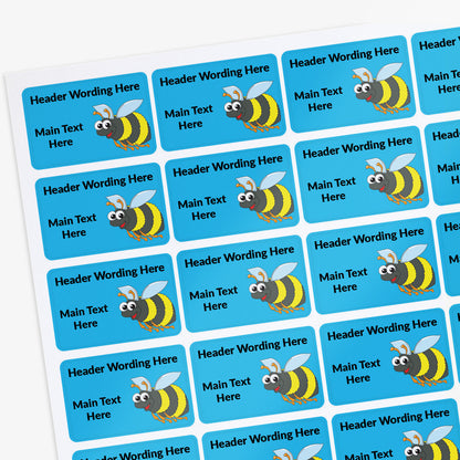 Sheet of rectangle blue sticker with bee decals and text