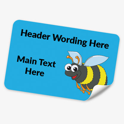 Single rectangle blue sticker with bee decals and text