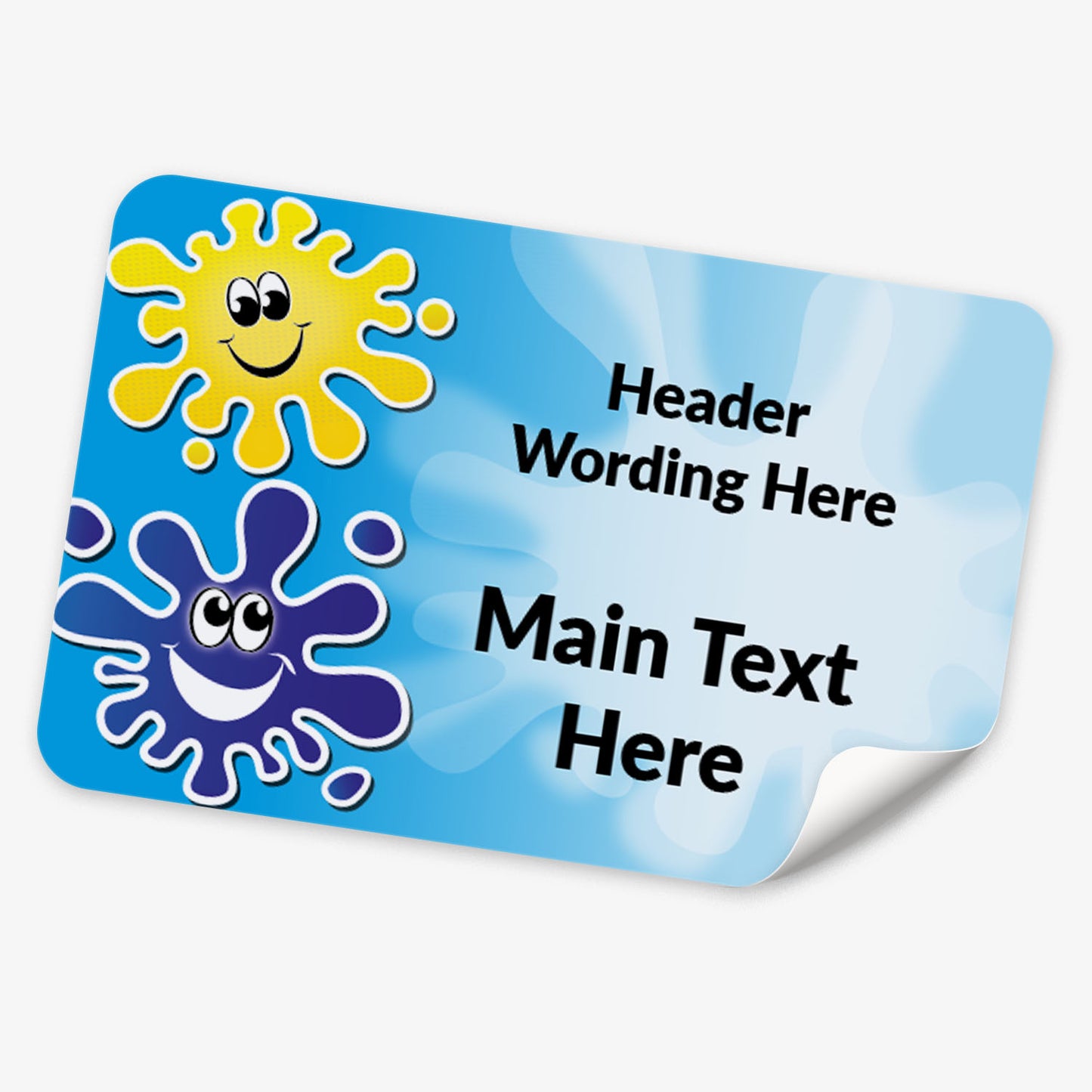 Customizable label with cartoon paint splat design on a blue background
