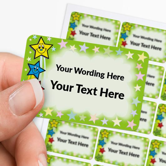 Personalisable sticker with colorful stars held by a hand, surrounded by more labels.