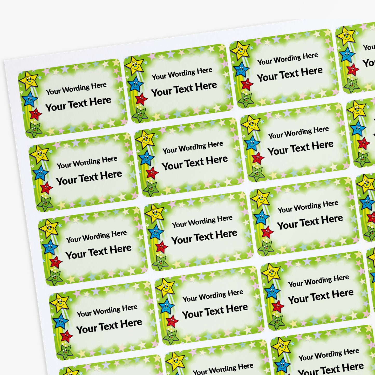 Sheet of rectangle green sticker with star decals and text