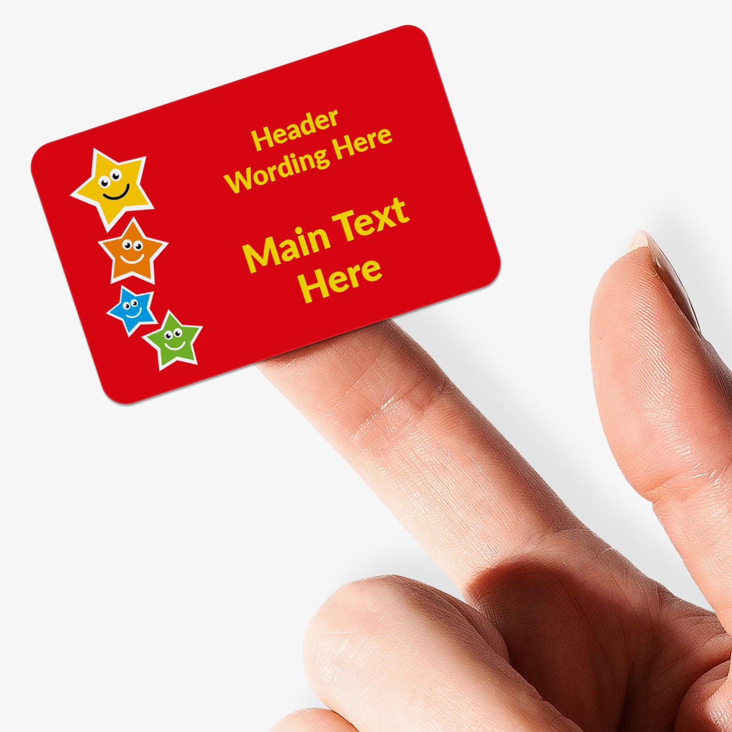 Rectangle red sticker held by finger with star decals and text
