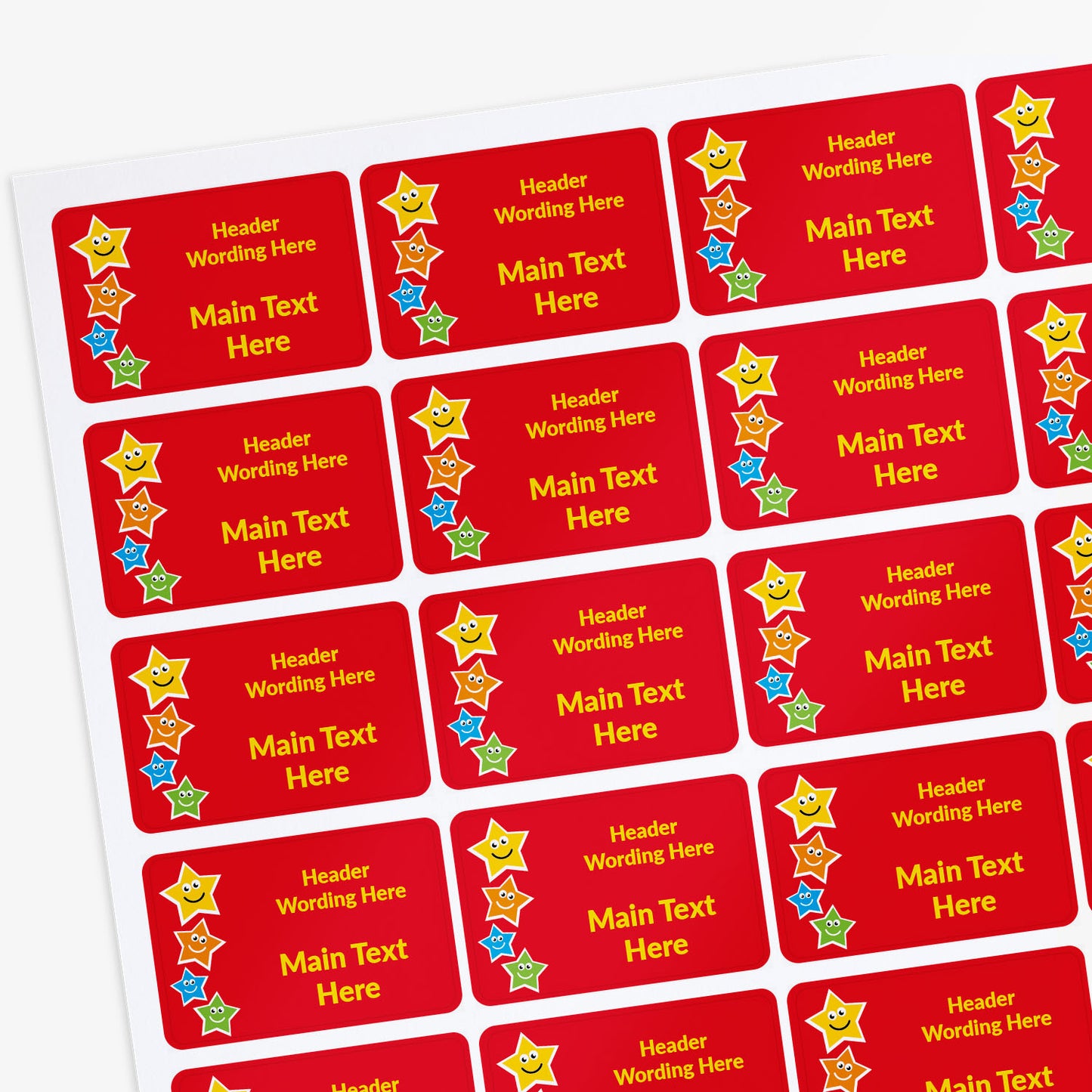 Red labels with star designs and customizable text on a white background