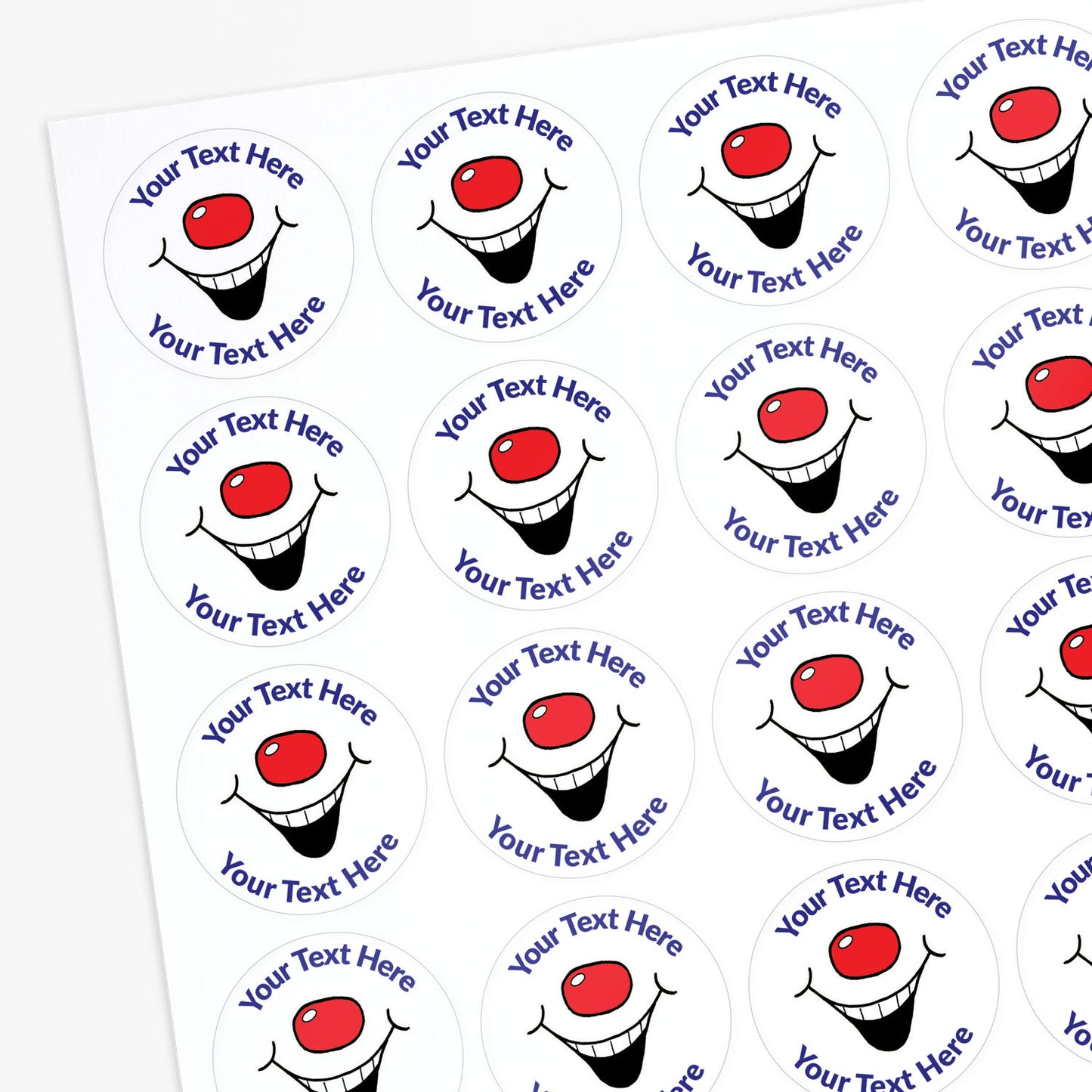 Sheet of round stickers with smiley face design and customizable text area.