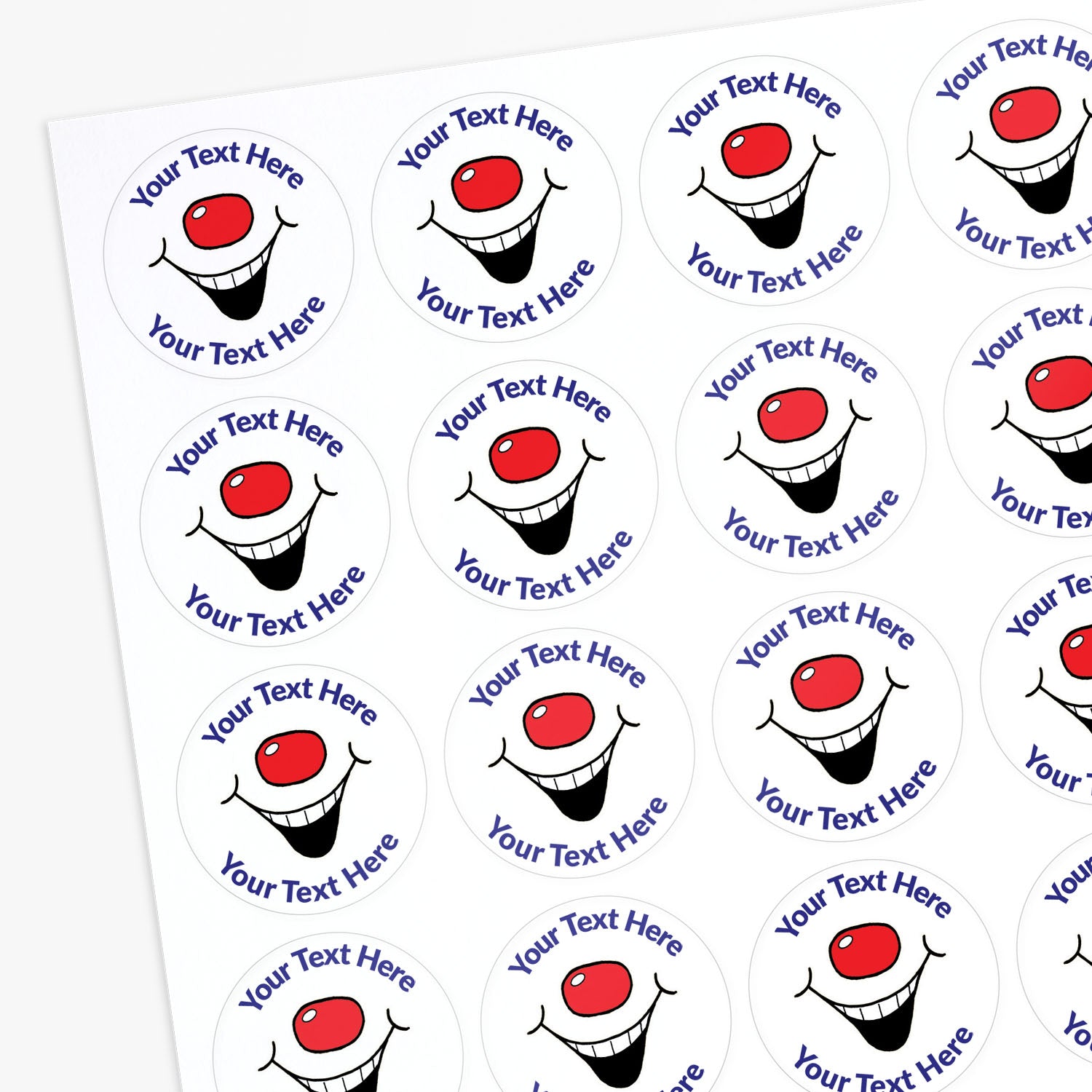 Sheet of round stickers with smiley face design and customizable text area.