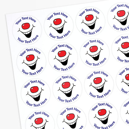 Sheet of round stickers with smiley face design and customizable text area.
