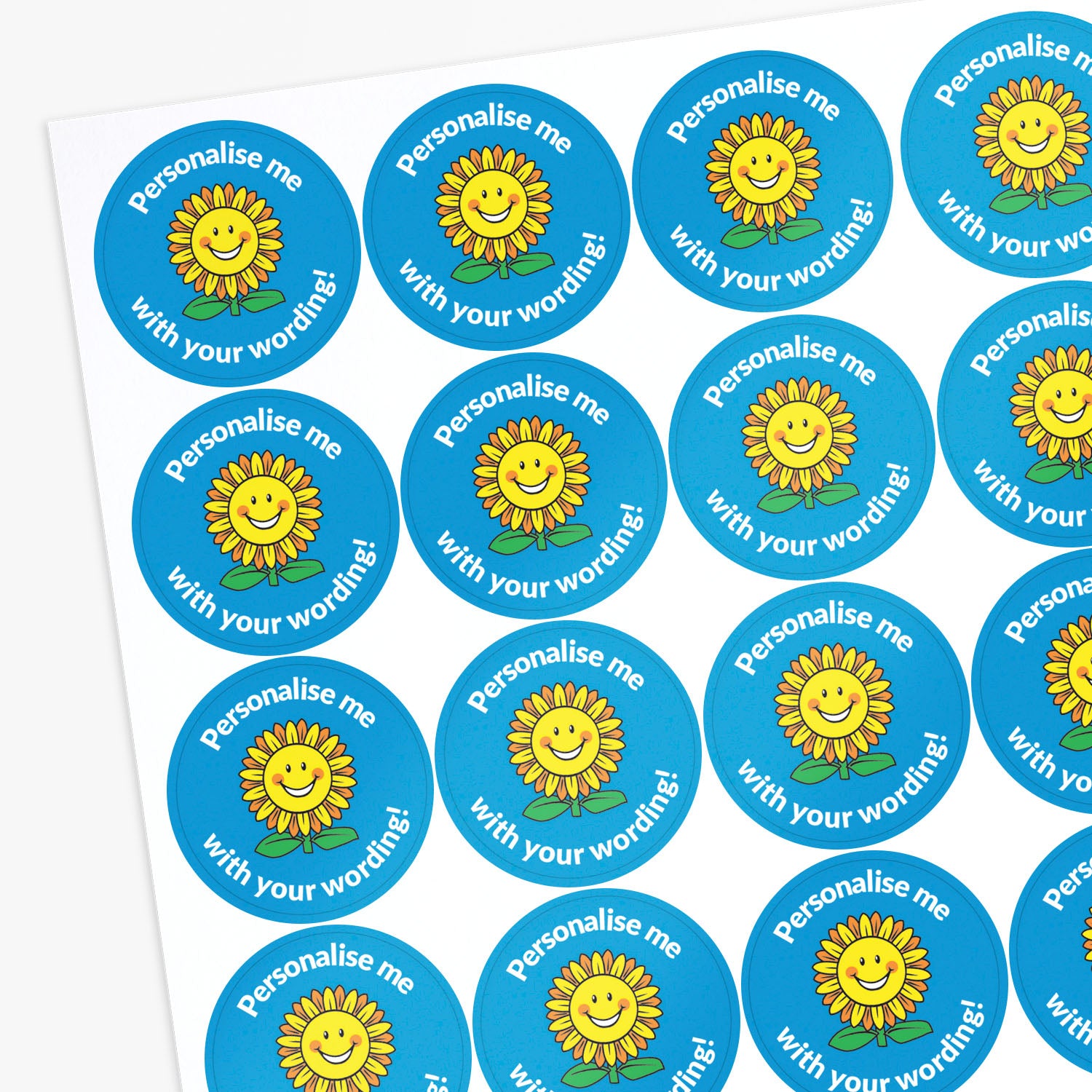 Sheet of Blue stickers with a smiling sunflower central with 'Personalise me' above and 'with your wording' below