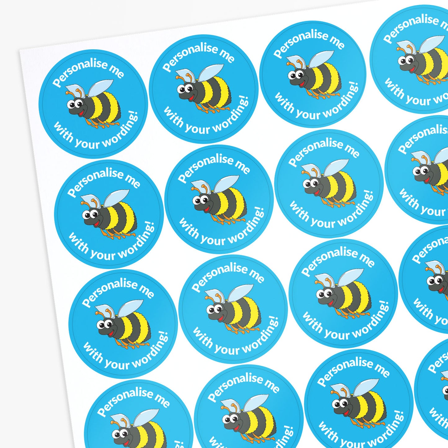 Sheet of blue stickers with a bumble bee central with 'Personalise me' above and 'with your wording' below