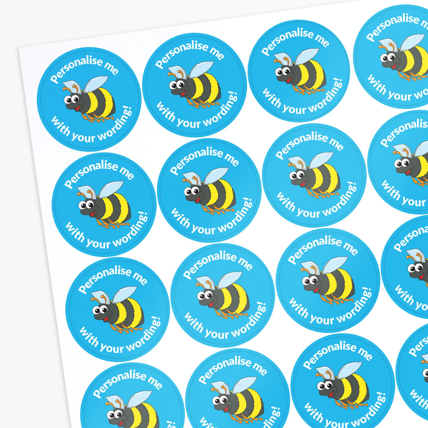 Sheet of blue stickers with a bumble bee central with 'Personalise me' above and 'with your wording' below