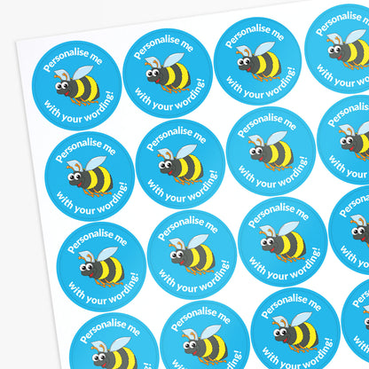 Sheet of blue stickers with a bumble bee central with 'Personalise me' above and 'with your wording' below